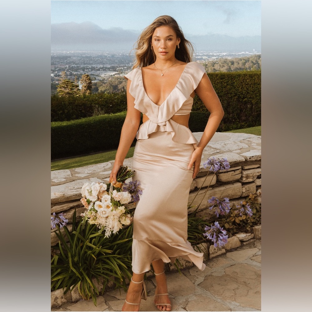 Show Me Your Mumu Zoey Midi Dress in Champagne Luxe Satin, Size Small